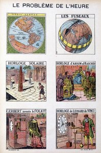 Tidens problem: Orbis Terrea, spindelen, solklokken, klokken til Aroum Al Racshid, Gerbert finner opp Folioten, klokken til Leonardo da Vinci (Leonardo da Vinci) - gravering, deb. Det 20. århundre av French School