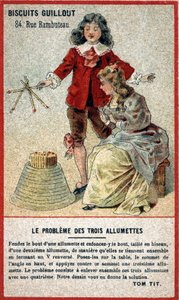 Problemet med tre kamper: barnekort som tilbyr et spill i form av et puslespill (gjetting). Kromolitografi fra 1800-tallet. av French School