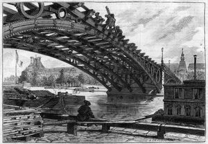 Refleksjonen av dekket til broen til Saints Peres (Pont du Carrousel) i 1883 (Saints-Peres) - gravering i "" Le journal illustrious"" av French School
