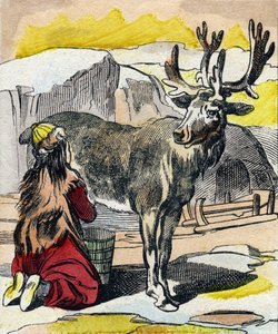Reinen som melkes. Gravering i "Buffon Alphabet des Animaux". 3. serie N 1. Avbildning av Epinal, Epinal, sent på 1800-tallet. 16 sider. Mål: 28x21cm av French School