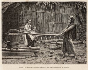 Rismøllen, foran en bondes hus i Gocong, gravering etter en tegning av Robin som illustrerer reisen til Cochinchine, av doktor Morice, i 1872, publisert i "" Le tour du monde""" 1875, redigert av Edouard Charton, Hachette-utgaven, Paris. Selva av French School