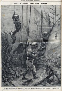 The scaphandlers working on the bailout of torpedo 83 that had sunk in Douarnenez Bay in Finistere in Brittany, in " Le Petit Parisien”” av French School