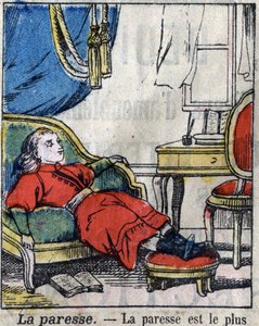 The seven deadly sin: laziness. Epinal imaging late 19th century. (I sette peccati o vizi capitali) av French School
