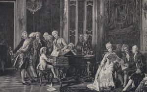 Den syv år gamle Wolfgang Amadeus Mozart spilte foran kong George III i London, 1764 av French School