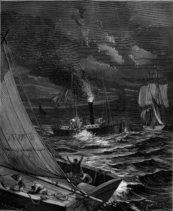 Skipet ble laget i 1807 av Robert Fulton (1765 - 1815) for ruten New York - Albany på Hudson River. av French School
