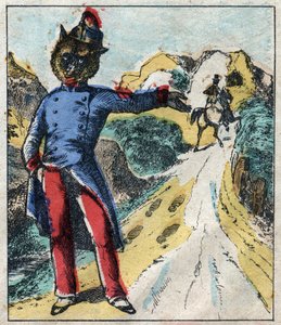 Den syke løven og reven. Fabler av Jean de La Fontaine (1621-95). Epinal avbildning fra slutten av 1800-tallet. av French School