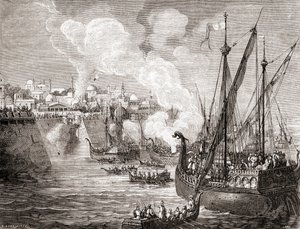 Beleiringen av Konstantinopel i 1453 av den osmanske sultanen Mehmed II, fra Les Merveilles de la Science, utgitt ca. 1870 (gravering) av French School