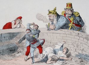 Situasjonen - Gauillaume: Vi må hjelpe gale mennesker, Badingue (Napoleon III): La dem gjøre min bror, det vil være på tide å gripe inn når de (pariserne) har slukt seg selv. Tegneserie om kommunen. av French School