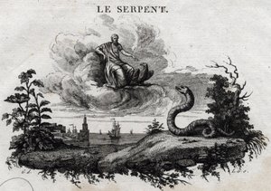 Slangen. Fabel om Esope. (Gresk forfatter Esopo eller Ecopus, 6. århundre f.Kr.) Skrevet av Guillaume Montfort og Gravees av Beauble i 1801. av French School