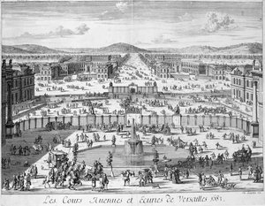 Stallene og portene til Versailles sett fra palasset, 1683 av French School