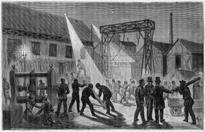 The station of “” The chapel”” illuminated by electric light at the end of the 19th century - Engraving in “” Sciences accessible to all - popular physics and chemistry”” by Alexis Clerc. Late 19th century. Private collection. av French School