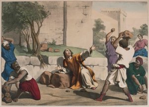 Steiningen av St. Stephen, illustrasjon fra en katekisme LHistoire Sainte, utgitt av Charles Delagrave, Paris, sent på 1800-tallet av French School
