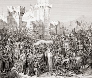 Overgivelsen av Acre til Filip II av Frankrike, kalt Philip Augustus, under det tredje korstoget, fra L'Histoire Universelle Ancienne et Moderne, utgitt i Strasbourg ca. 1860 (gravering) av French School