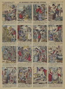 Historiene om produktene i en dagligvarebutikk (farge litho) av French School