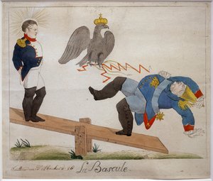 Der Kippschalter. Porträt von Napoleon Bonaparte (1769-1821), stehend auf einem Schaukelbrett, beobachtet seinen fallenden Feind, der von einer Adlerkrone getroffen wird. Karikatur. Radierung, frühes 19. Jahrhundert, Frankreich. Napoleonisches Museum, Anti
