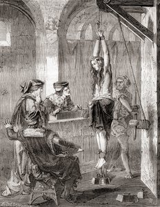 Torturen av en kvinne anklaget for hekseri i middelalderen, fra Les Merveilles de la Science, publisert ca. 1870 (litho) av French School