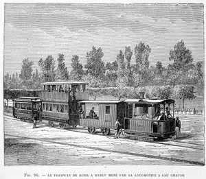Trikken fra Rueil til Marly, ledet av varmtvannslokomotivet - i "" The new conquests of science"" av Louis Figuier av French School