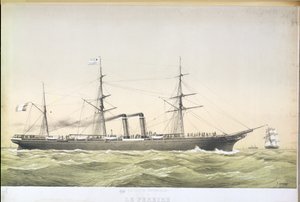 Den transatlantiske padlebåten Le Pereire krysser fra Le Havre til New York, ca. 1860 av French School