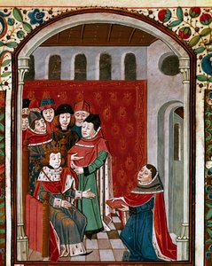 Oversetteren John de Meung (eller Clopinel eller Chopinel) (1240-1305) donerer arbeidet sitt til kong Filip IV den vakre (1268-1314). Miniatyr hentet fra "" De Consolatione Philosophiae"" av den latinske filosofen Boece (Boetius) (475-520), oversatt av Jea av French School