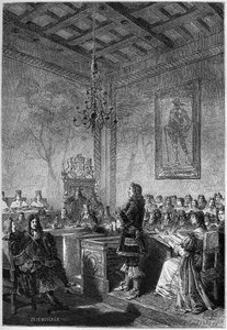 Rettssaken mot Lord William Russell (1639-1683) - gravering fra "The History of England, from the earlyste times" av Francois Guizot 1877 av French School