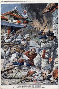 The troubles of Korea, the Japanese guard struggling with the emeutiers in Seoul, mecontent of the abdication of Yi-Yeung - “Le Petit Journal” of August 4 av French School