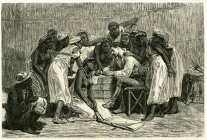 Besøket av dronningene, de seksten konene til kong Sepopo, i Dr. Holubs boks. Gravering av D.Maillard, for å illustrere historien "Au pays des Marutses", i 1875-1879, av Dr. Emile Holub (1847-1902). Publisert i Tour du monde, 2. semester 1883, redigert av French School