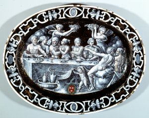 Bryllupsfesten til Psyche Oval Plat i emalje malt på kobber fra den franske skolen. 1560 Paris, Musée du Louvre av French School