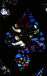Vestrosevinduet som viser en scene fra Åpenbaringsboken: To engler, den ene kunngjør at Babylon er falt, den andre bærer vinen fra Guds vrede (14:8-11). av French School