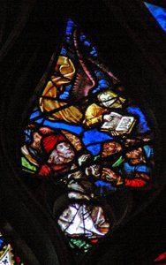 Vestrosevinduet som viser en scene fra Åpenbaringsboken: engel kunngjør dommens time (14:6-7) av French School