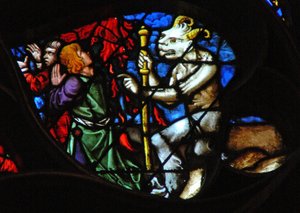 Det vestlige rosevinduet som viser en scene fra Åpenbaringsboken: lam på Sions berg med to av de 144 000, forløst (14:1-5). av French School