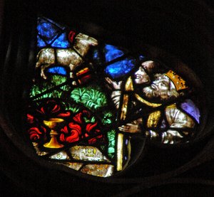 Det vestlige rosevinduet som viser en scene fra Åpenbaringsboken: lam på Sions berg med to av de 144 000, forløst (14:1-5). av French School