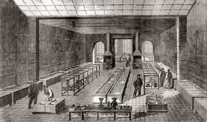 Verkstedet som inneholder de kjemiske badene i Charles Christofles galvaniseringsanlegg, Paris, Frankrike i 1867, fra Les Merveilles de la Science, publisert ca. 1870 (gravering) av French School