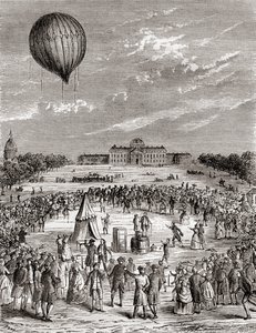 Verdens første hydrogenballong, skutt opp over Champs de Mars, Paris, Frankrike i 1783, fra Les Merveilles de la Science, publisert ca. 1870 (gravering) av French School