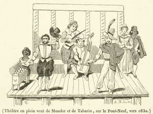 Teater i friluft i Mondor og Tabarin, på Pont-Neuf, rundt 1630 (gravering) av French School
