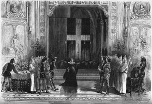 Teaterrepresentasjon: scene for kistene i "Lucrece Borgia" av Victor Hugo (1802-1885). Paris, Theatre de la Porte Saint Martin av French School