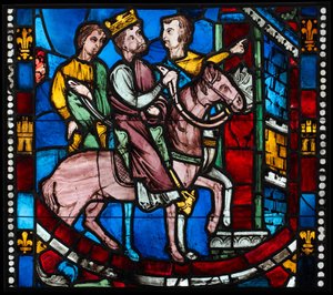 Theodosius ankommer Efesos, fra en scene fra legenden om de syv sovende i Efesos, ca. 1200–10 (pottmetallglass, glassaktig maling) av French School