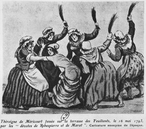 Theroigne de Mericourt pisket av en gruppe parisiske jakobinske kvinner, 16. mai 1793 (wc på papir) av French School