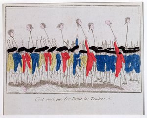Dette er hvordan forrædere blir straffet, sans-culottes som bærer hodene til de giljotinerte, 1789 av French School