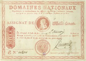 Tusen livre-seddel med et bilde av Ludvig XVI (1754-93) 1790 av French School