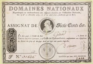 Tre hundre livre seddel, 1790 (blekk på papir) av French School