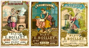 Tre etiketter for vaskepulveret Bleu de E. Boilley, 1878 av French School