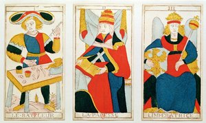 Tre tarotkort som viser magikeren, yppersteprestinnen og keiserinnen (farget tregravering) av French School