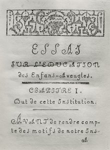 Tittelside for det første kapittelet av Essai sur leducation des aveugles av Valentin Hauy (1745-1822) utgitt i 1786 av French School