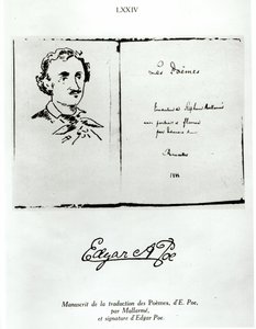 Tittelside av Les Poemes av Edgar Allan Poe (1809-49) oversatt av Stephane Mallarme (1842-98) med et portrett av forfatteren, 1888 av French School