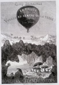 Tittelside: "" Five Weeks in Balloon" og "Journey to the Center of the Earth"" av Jules Verne, sd. Editions Hetzel under det generelle navnet "" Les Voyages Extraordinary"" av French School