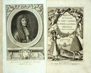 Tittelside og frontispice-portrett av Journal du Voyage de Chevalier Chardin en Perse et aux Indes Orientales av Jean Chevalier Chardin, 1686 av French School