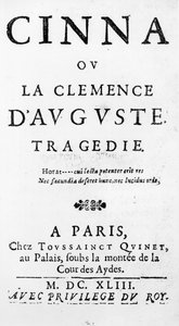 Tittelside til Cinna ou la Clemence dAuguste av Pierre Corneille (1606-84) utgitt i 1643 av French School