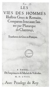 Tittelside til The Lives of Noble Grekers and Romans, av Plutarch, trykt av Michel de Vascosan av French School