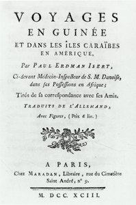 Tittelside for Travels in Guinea and the Caribbean Islands in America av Paul Erdman Isert, utgitt 1743 av French School