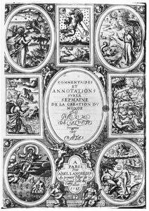 Tittelside for kommentarer og merknader om uken for verdens skapelse av Guillaume Sallust du Bartas (1544-90) 1583 av French School